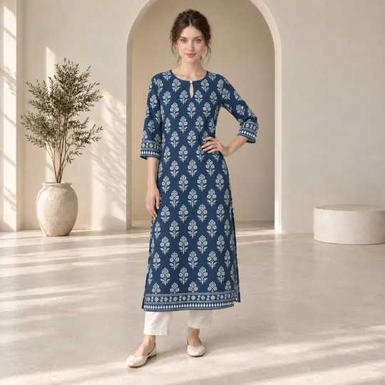 Audrey wearing an indigo block-print kurti in an arched studio, made in Aaina