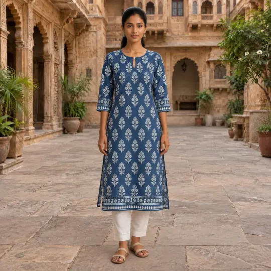 Aaina, an Aaina model, in the kurtis & anarkalis example, Haveli Courtyard scene