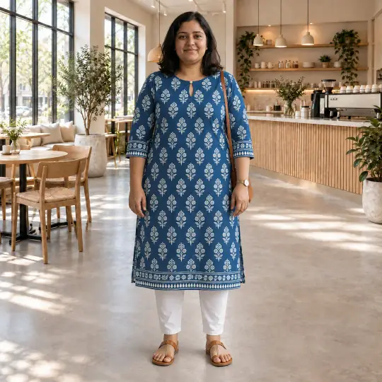 Kavya, an Aaina model, wearing or holding the kurti in the Minimal Cafe scene