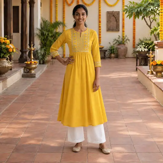 Meera, an Aaina model, wearing or holding the kurti in the Marigold Festive Set scene