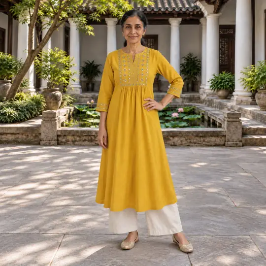 Sunita, an Aaina model, wearing or holding the kurti in the Lotus Pond Courtyard scene