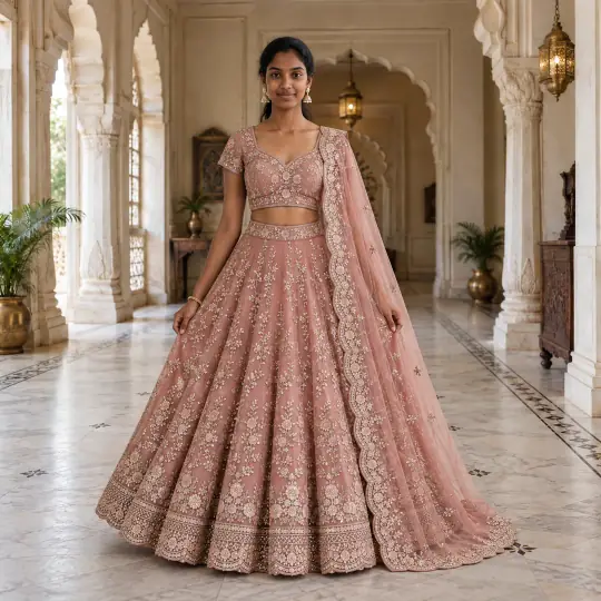Meera, an Aaina model, wearing the lehenga in the Palace Hall scene