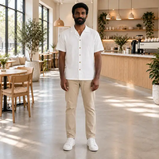 Arjun, an Aaina model, wearing or holding the shirt in the Minimal Cafe scene