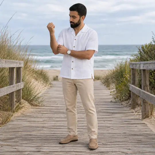 Omar, an Aaina model, wearing the linen shirt in the Beach Boardwalk scene