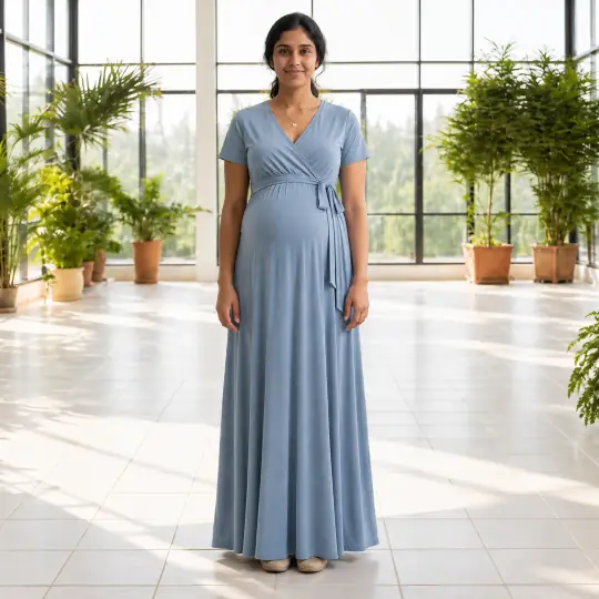 Nisha, an Aaina model, wearing the maternity maxi dress in the Indoor Garden Conservatory scene