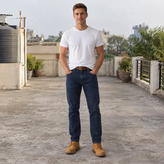 Ethan, an Aaina model, with men's jeans in the Rooftop Terrace scene