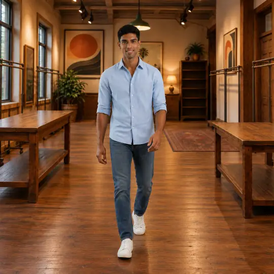 Rehan, an Aaina model, wearing or holding the jeans in the Vintage Thrift Store scene