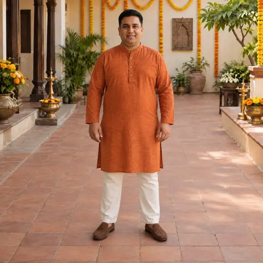 Rohit, an Aaina model, wearing or holding the kurta set in the Marigold Festive Set scene