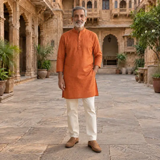 Vikram, an Aaina model, wearing the kurta set in the Haveli Courtyard scene