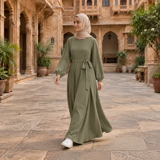 Layla, an Aaina model, wearing or holding the modest outfit in the Haveli Courtyard scene