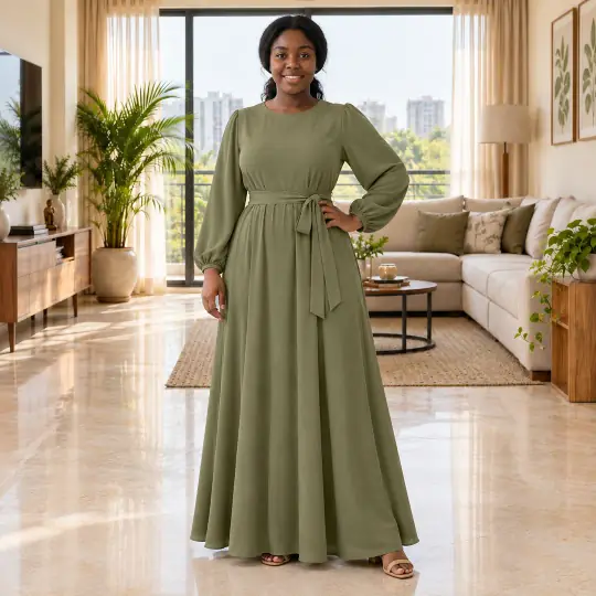 Shanice, an Aaina model, wearing or holding the modest outfit in the Sunlit Loft scene