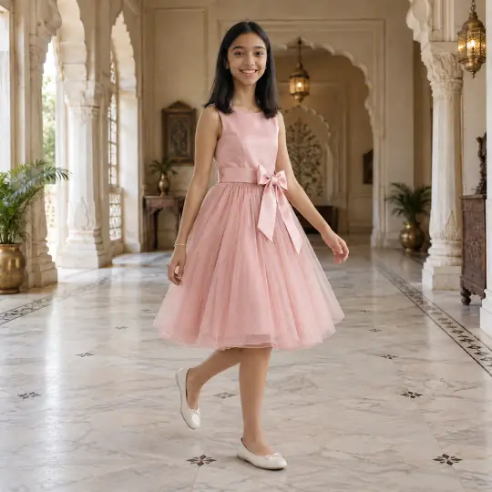 Anaya, an Aaina model, wearing or holding the kids' outfit in the Palace Hall scene