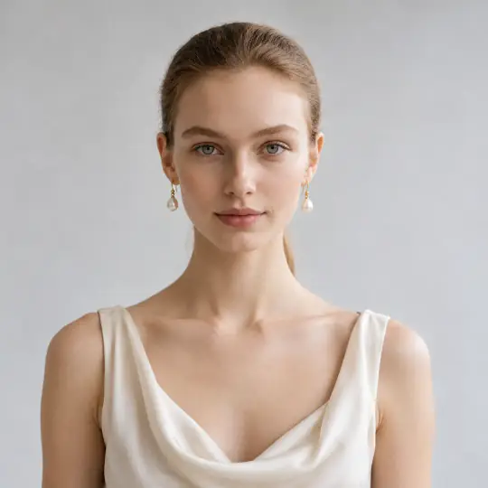 Camille, an Aaina model, wearing or holding the earrings in the White Studio scene