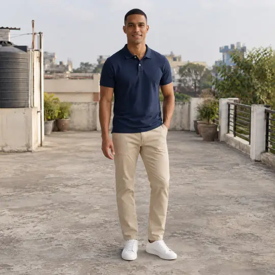 Lucas, an Aaina model, wearing the polo shirt in the Rooftop Terrace scene