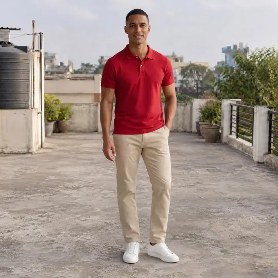 Red: the same photo of Lucas in a polo shirt