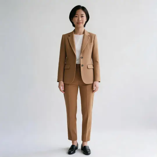Jiwoo, an Aaina model, with the blazer on a white studio background