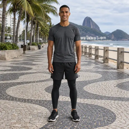 Lucas, an Aaina model, wearing or holding the activewear set in the Rio Beach Promenade scene