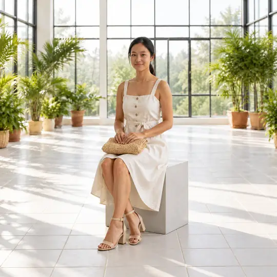 Maya, an Aaina model, in the footwear example, Indoor Garden Conservatory scene