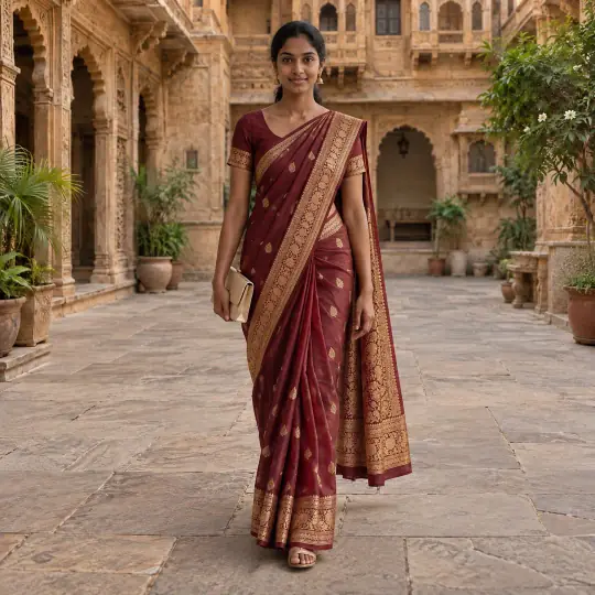 Meera, an Aaina model, wearing the banarasi saree in the Haveli Courtyard scene