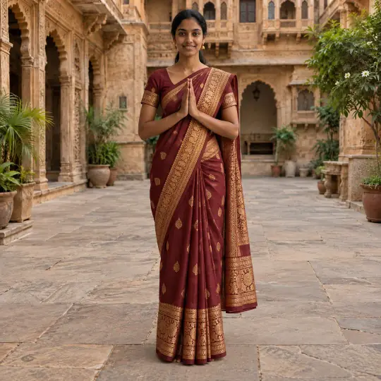 Meera, an Aaina model, wearing or holding the saree in the Haveli Courtyard scene