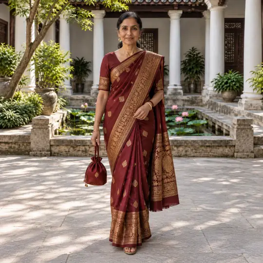 Sunita, an Aaina model, wearing the banarasi saree in the Lotus Pond Courtyard scene