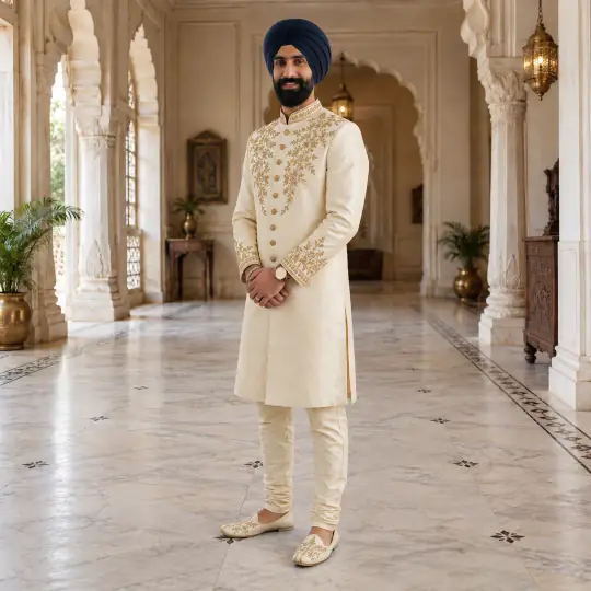 After: Harpreet, an Aaina model, wearing the sherwani in the Palace Hall scene