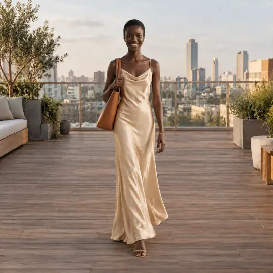 The original photo: Nia in a champagne slip dress on a rooftop