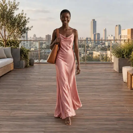 Other colours in Aaina: Nia's champagne slip dress remade in blush pink, same face, pose and scene