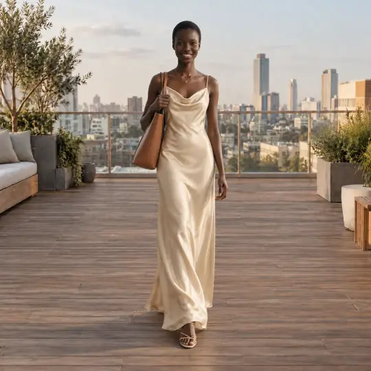 Nia, an Aaina model, in the slip dress on a golden hour rooftop
