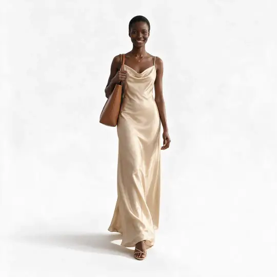 Nia, an Aaina model, with the slip dress on a white studio background