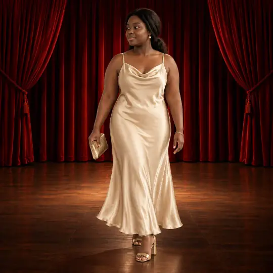 Shanice, an Aaina model, wearing the slip dress in the Velvet Stage Curtain scene