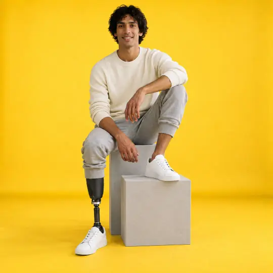 Dev, an Aaina model, wearing the white sneakers in the Mustard Studio scene