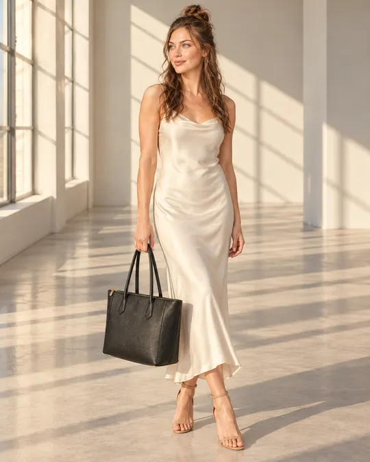 Creative photo made in Aaina: Bella holding a black leather tote in a sunlit gallery