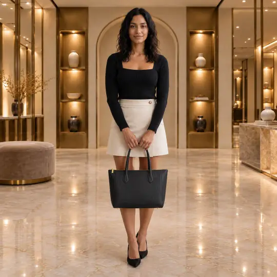 Sofia, an Aaina model, wearing the leather tote in the Designer Boutique scene