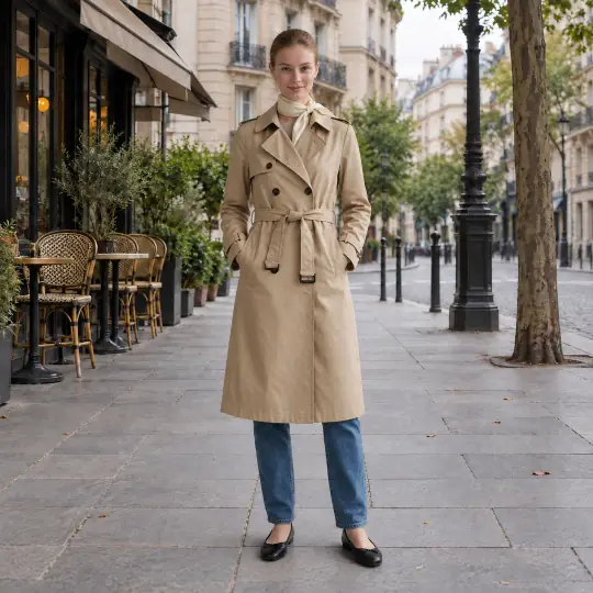 After: Camille, an Aaina model, wearing the trench coat in the Paris Café Street scene