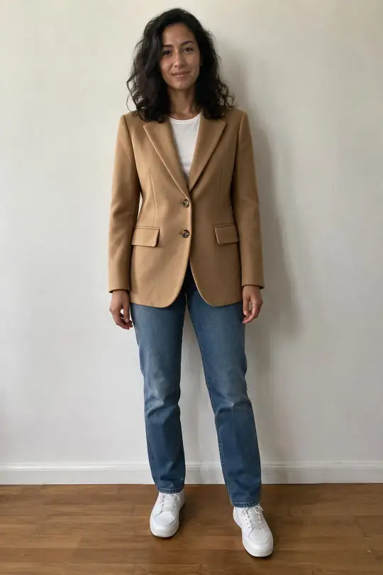 Try on me in Aaina: the same woman from her own photo, now wearing the camel blazer