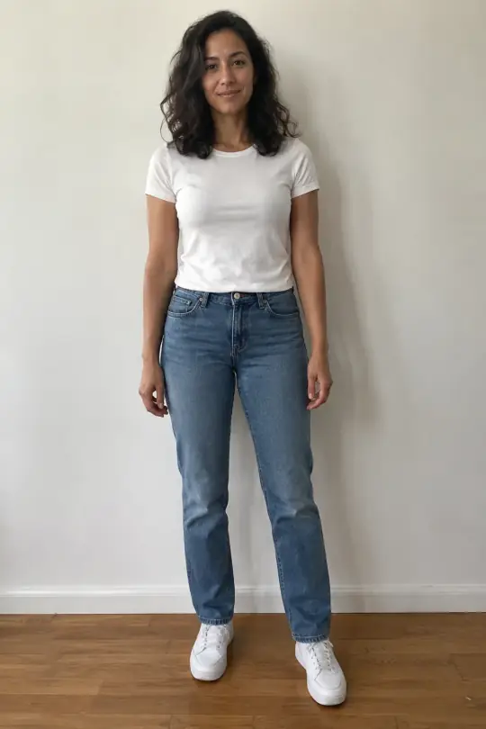 The person's own photo: a woman in a white T-shirt and jeans against a plain wall