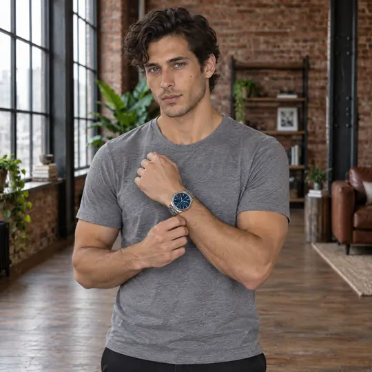 Made in Aaina: Gabriel wearing a steel watch with a blue dial, waist up, in a New York loft