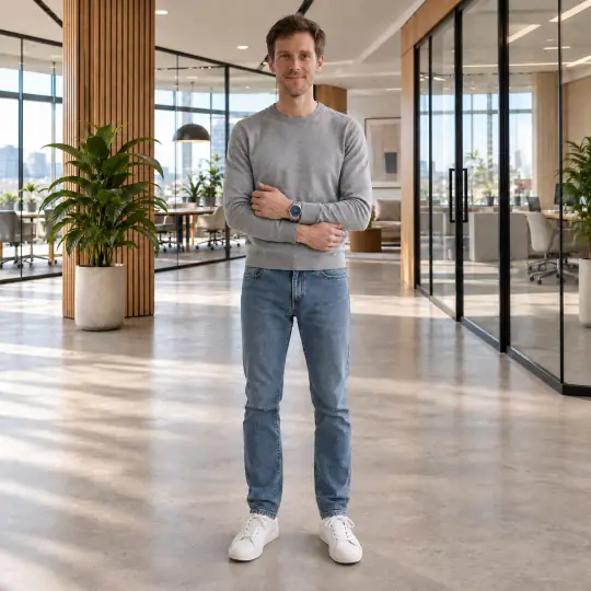 James, an Aaina model, wearing or holding the watch in the Modern Office scene