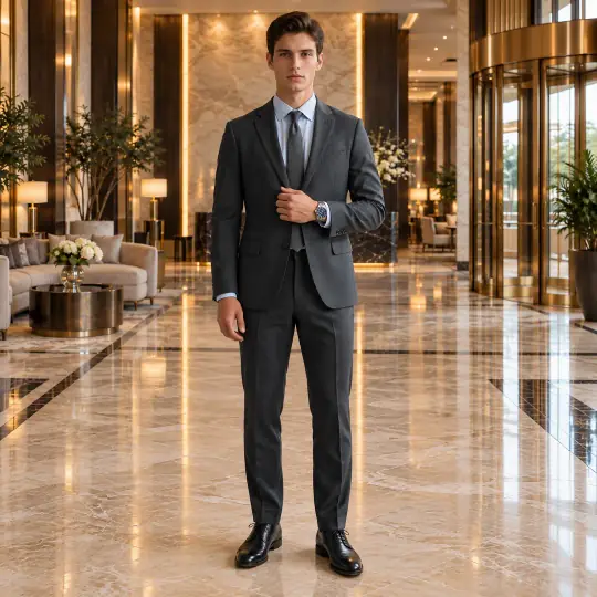Marco, an Aaina model, wearing or holding the watch in the Hotel Lobby scene