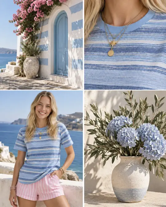 Template sample: a striped top in a four-picture colour story, on a model by the sea, close up, and beside blue hydrangeas