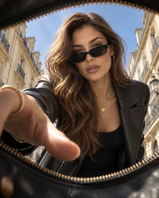 Template sample: a woman in sunglasses reaching into a handbag, seen from inside the bag, on a Paris street
